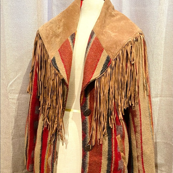 Pioneer wear vintage colorful southwestern print wool and suede fringe jacket - Picture 5 of 14